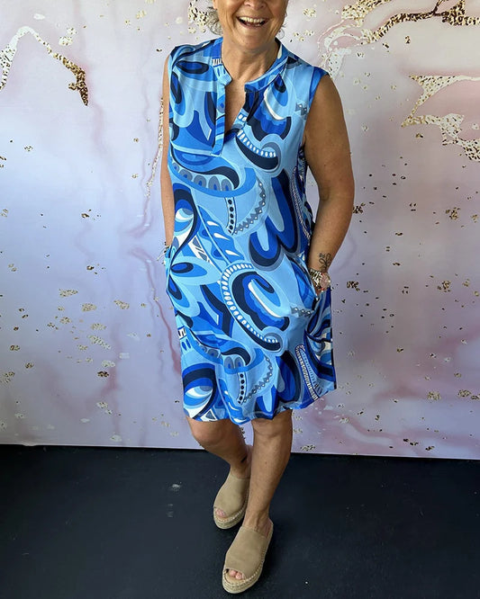 Women’s Printed Sleeveless Stand Collar Pocket Dress