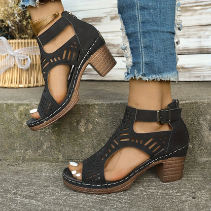 Women's Platform Heel Sandals - Open-Toe Zipper Design