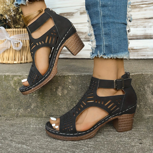 Women's Platform Heel Sandals - Open-Toe Zipper Design