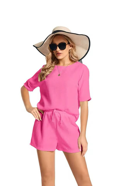 Women's Batwing Sleeve 2-Piece Set – Short Sleeve Top & Solid Shorts