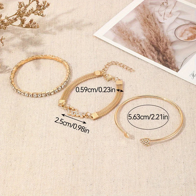 Boho Heart Crystal Gold Bracelet Trio Set
