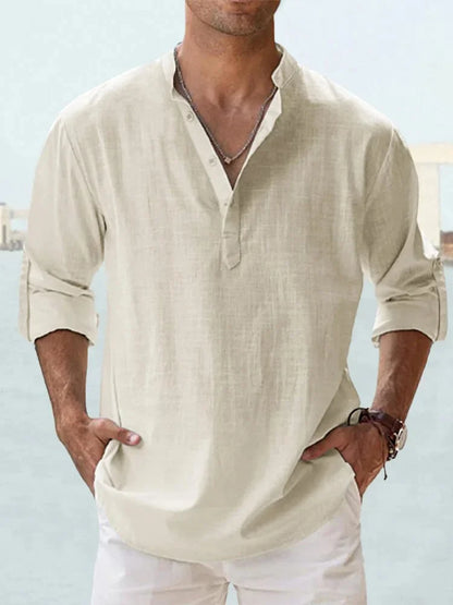 Men’s Casual Henley Collar Long Sleeve Cotton Shirt