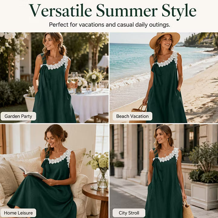 Women’s Floral Lace Trim Bow-Shoulder Midi Dress