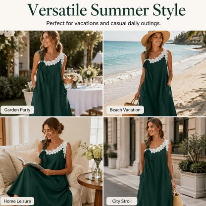 Women’s Floral Lace Trim Bow-Shoulder Midi Dress