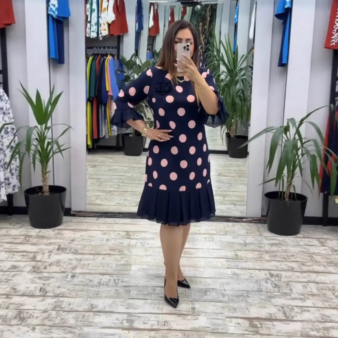 Women’s Polka Dot Flared Ruffle Hem Midi Dress
