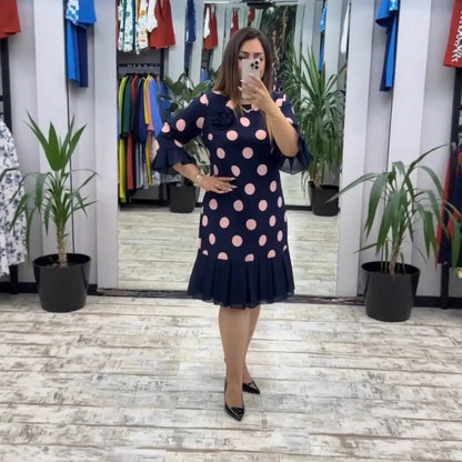 Women’s Polka Dot Flared Ruffle Hem Midi Dress