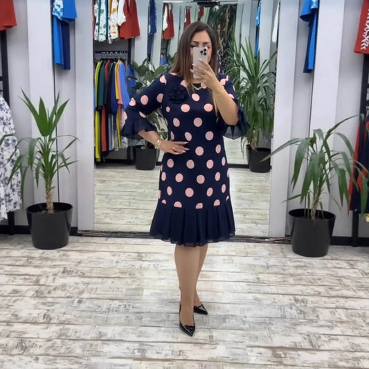 Women’s Polka Dot Flared Ruffle Hem Midi Dress
