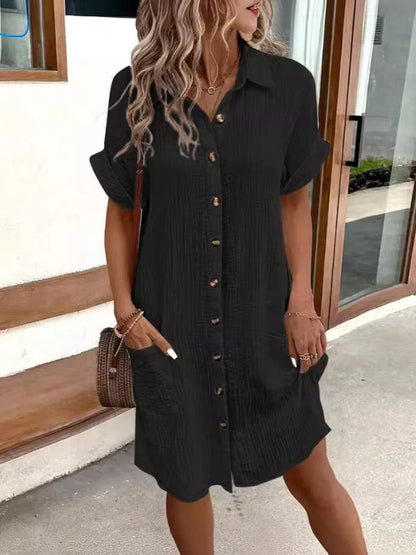 Women's Buttoned Short Sleeve Pocket Casual Shirt Dress