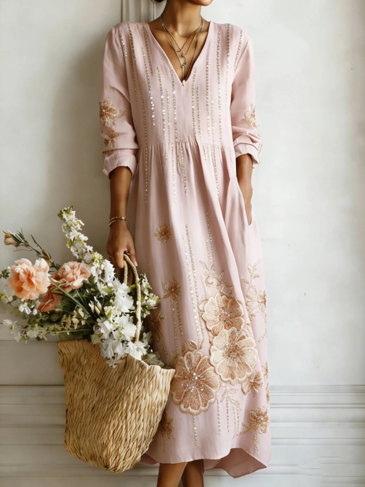 Women’s Serene Bloom V-Neck Linen Midi Dress