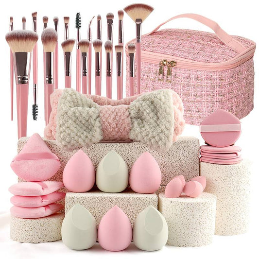 Complete Pink Makeup Brush & Sponge Kit with Travel Case