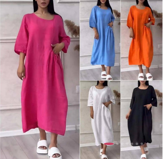 Women's Knee-Length Loose Fit Solid Color Dress