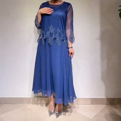 Women’s Shimmer Overlay A-Line Midi Dress with Sheer Sleeves