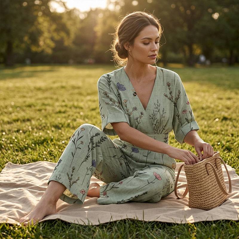 Women's Printed V-Neck Wide-Leg Jumpsuit