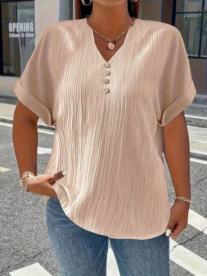 Women’s Plus Size Textured V-Neck Button Detail Short Sleeve Top