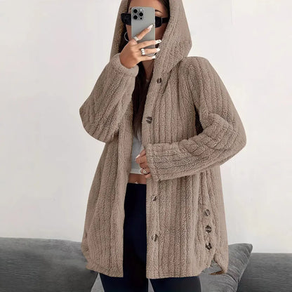 Women’s Longline Hooded Plush Fleece Button Jacket