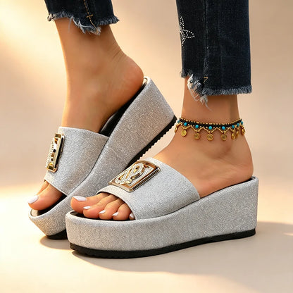 Women's Sparkle Buckle Platform Slides