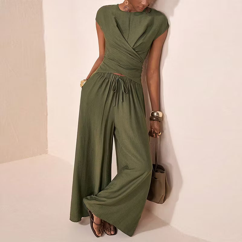 Women's Crossover Top and Wide-Leg Trouser Set