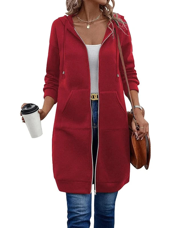 Women's Long Fleece Hooded Zip-Up Top