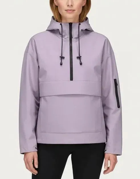 Women’s Fleece-Lined Waterproof Half-Zip Rain Jacket with Kangaroo Pocket