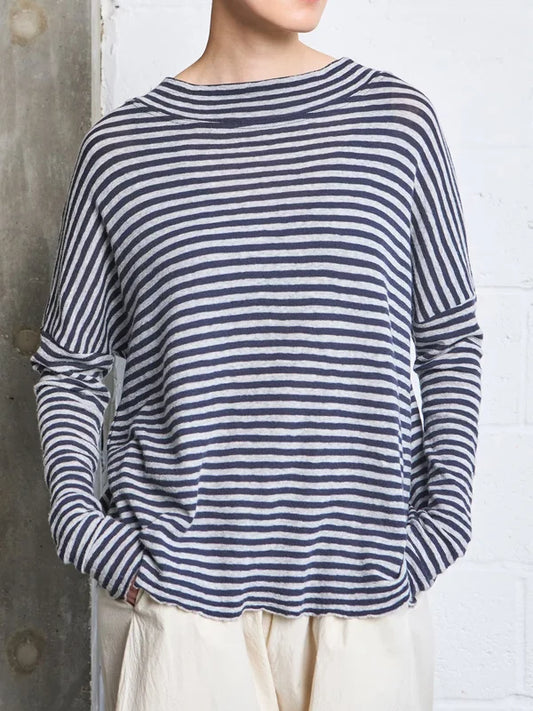 Women's Navy Striped Sheer Relaxed-Fit Long-Sleeve Top