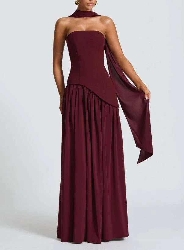 Women’s Strapless Ribbon-Scarf Split Maxi Dress