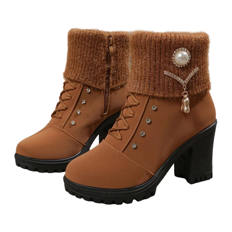 Women’s Warm Chunky Heel Crystal Trim Ankle Boots