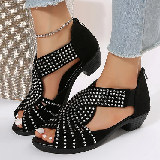 Glitter Chunky Heel Sandals - Back Zipper Detail