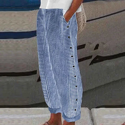 Women’s Blue Striped Lightweight Trousers with Side Pockets
