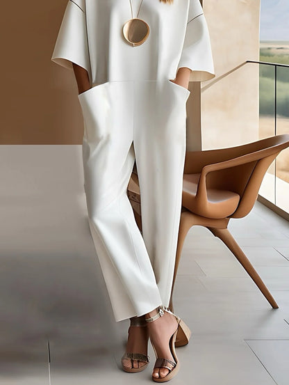 Women’s Plain Side-Pocket 3/4 Sleeve Straight-Leg Jumpsuit