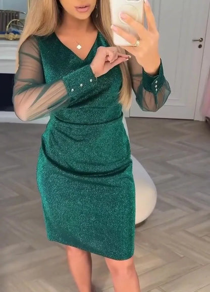 Women’s Sparkly Patchwork V-Neck Long-Sleeve Midi Dress