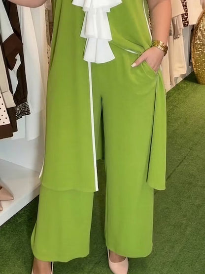 Women's Elegant Contrast-Trim Tunic and Wide-Leg Trouser Set
