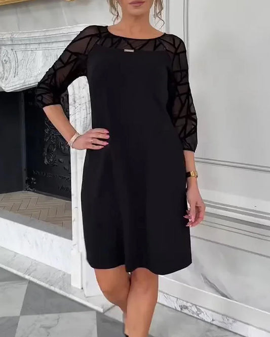 Women’s Geometric Mesh Sleeve A-Line Knee Dress