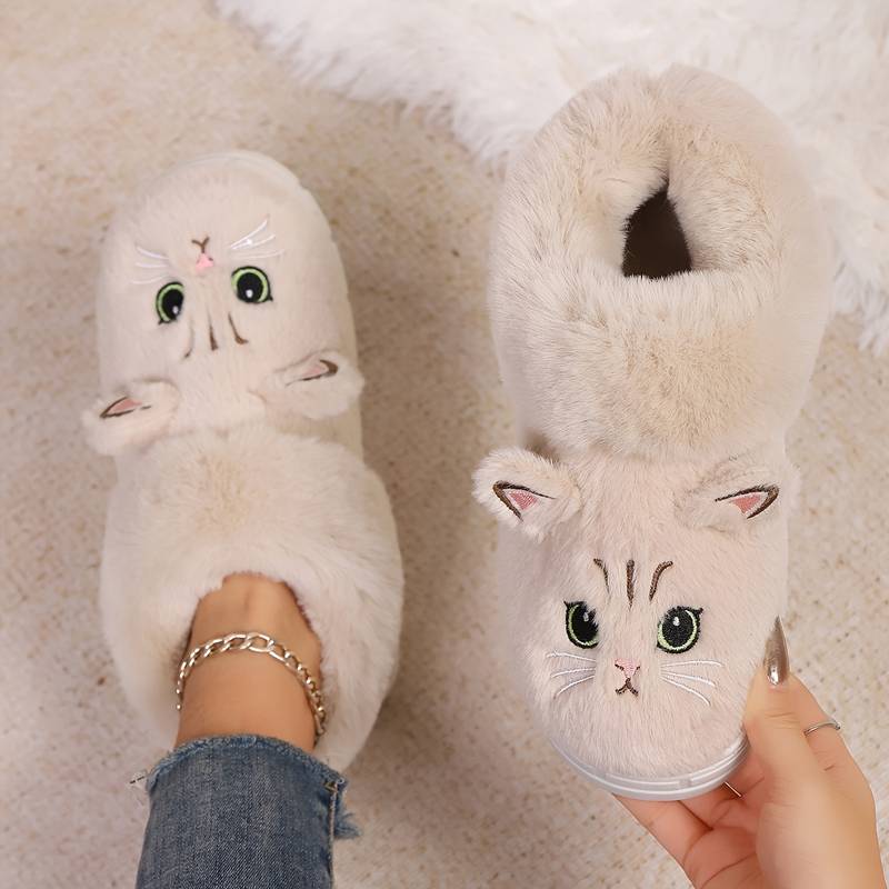 Women’s Plush Cat Face Indoor Slippers with Warm Lined Collar
