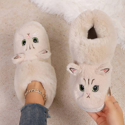 Women’s Plush Cat Face Indoor Slippers with Warm Lined Collar