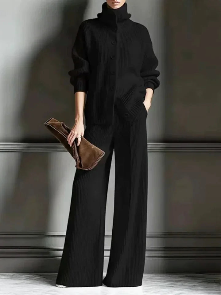 Women’s Luxe Ribbed Funnel-Neck Cardigan & Wide-Leg Knit Set