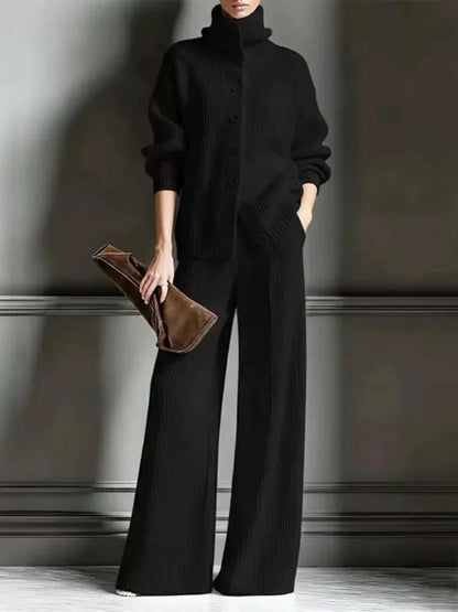 Women’s Luxe Ribbed Funnel-Neck Cardigan & Wide-Leg Knit Set