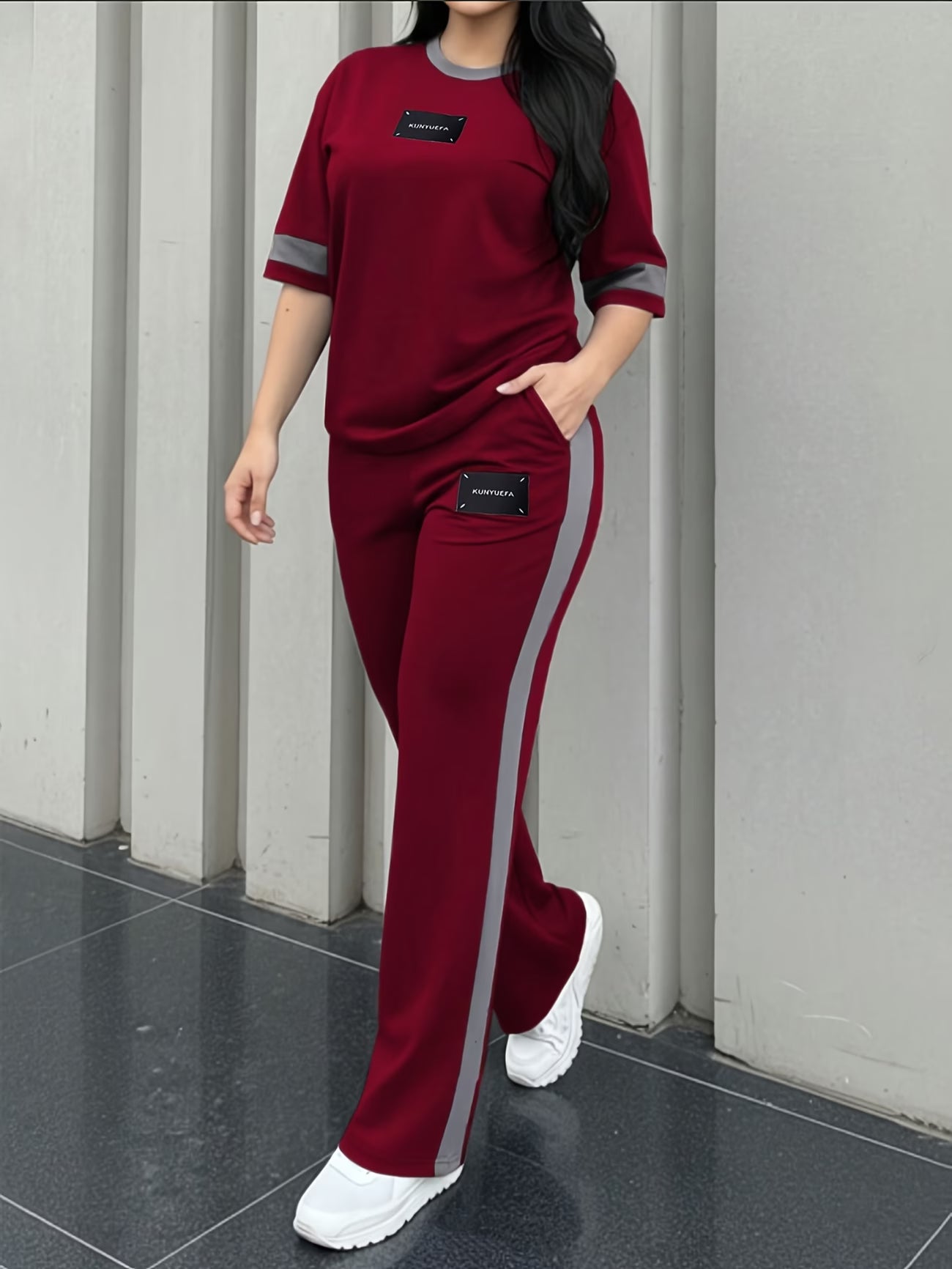 Women's Colour-Block T-Shirt and Trousers Set