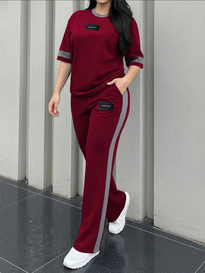 Women's Colour-Block T-Shirt and Trousers Set