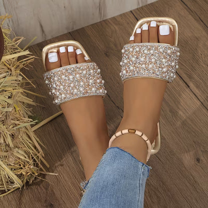 Pearl-Embellished Flat Slide Sandals