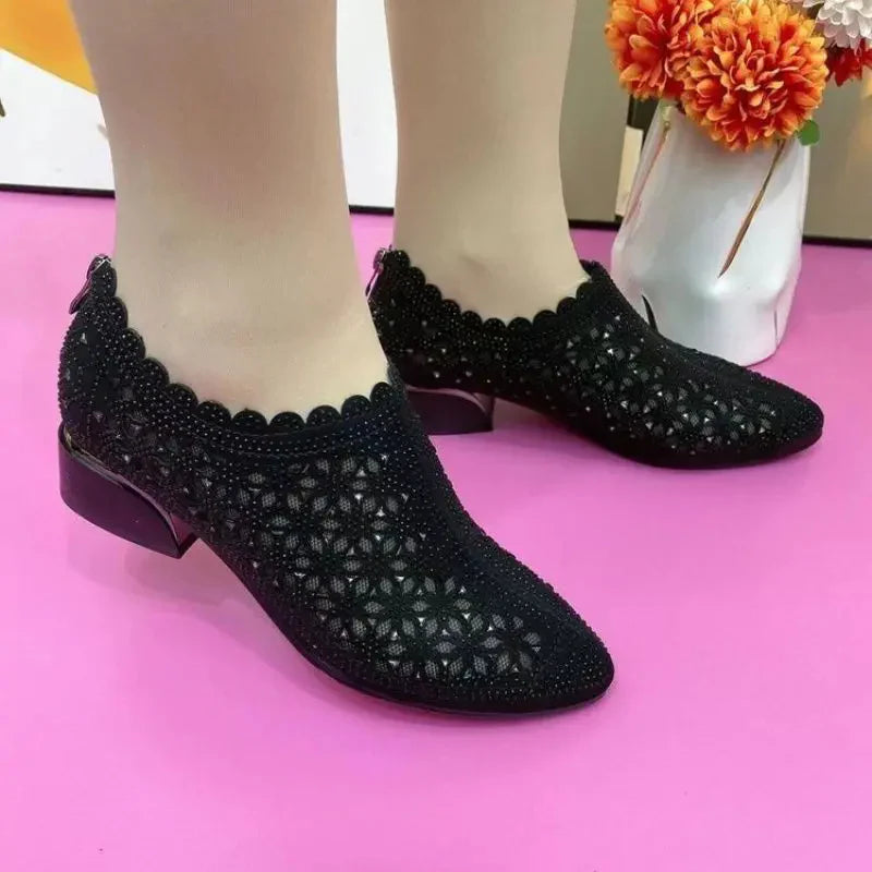 Women’s Autumn Mesh Sparkle Thick-Heel Slip-On Shoes