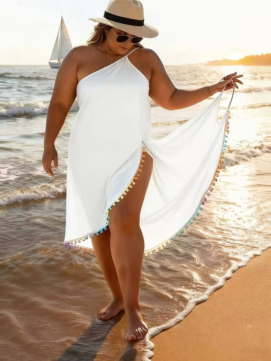 Women's Plus Size Pom Trim Beach Cover-Up