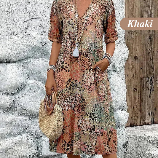 Women's Printed V-Neck Midi Dress