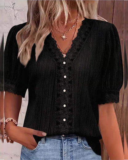 Women's Lace Patchwork V-Neck Puff-Sleeve Blouse