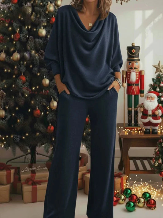 Women’s Christmas Cosy Draped-Neck Wide-Leg Lounge Set