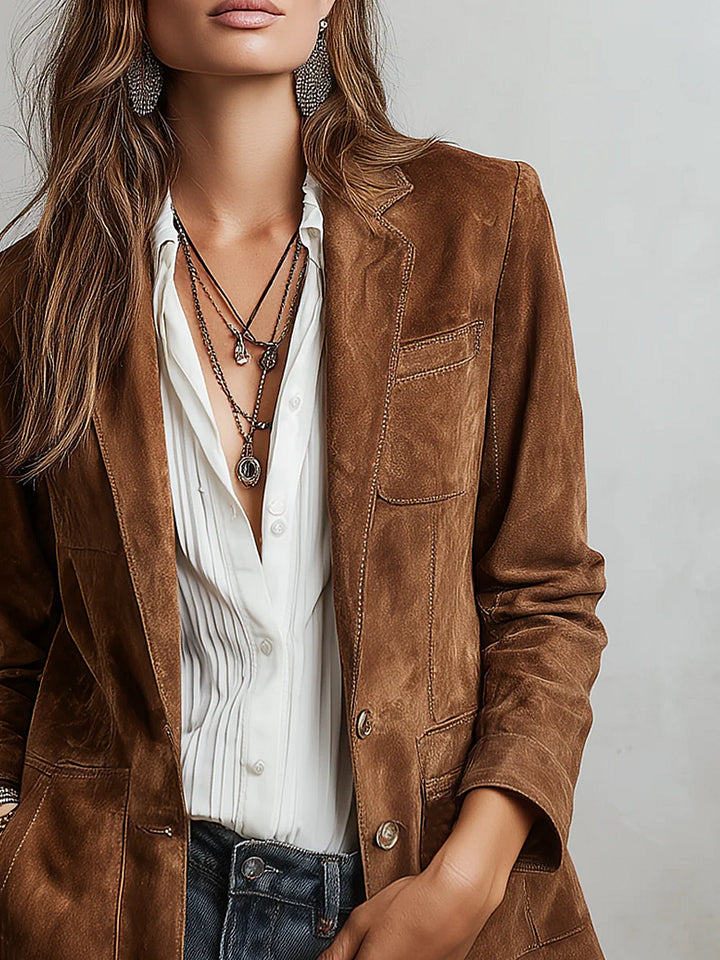 Women’s Vintage Brown Suede Contrast-Stitch Jacket