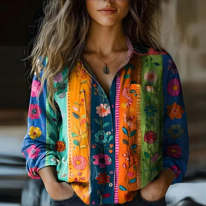 Women’s Vintage Printed Button-Up Blouse
