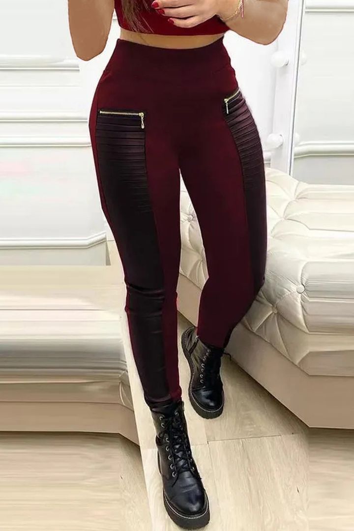 Women’s High-Waist Faux Leather Panel Zip Detail Trousers