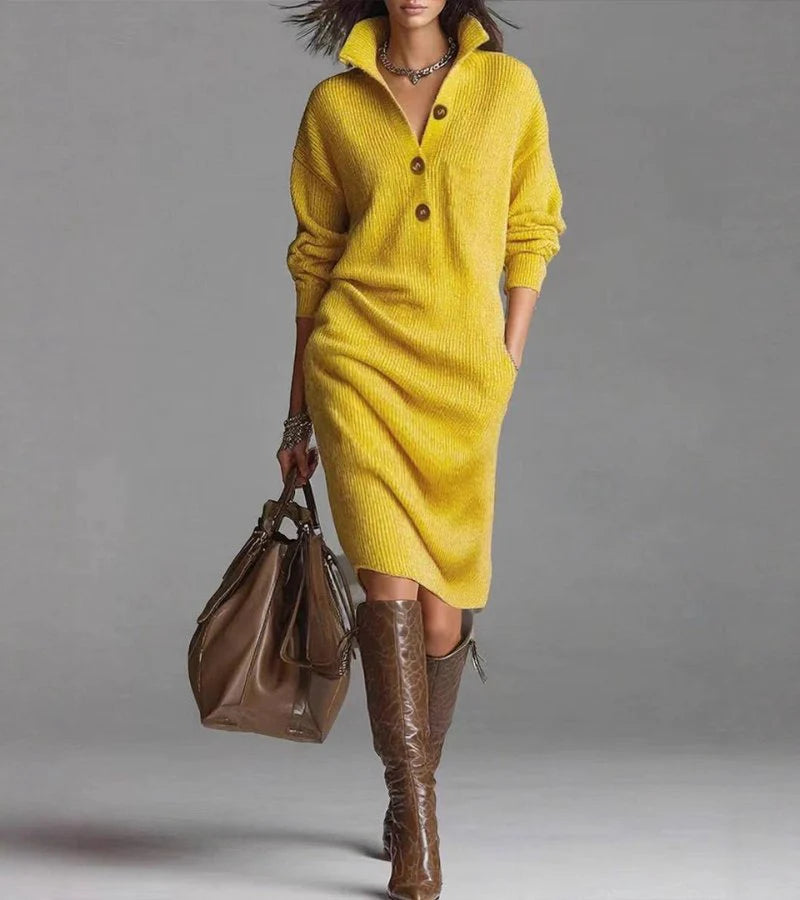 Women’s High-Collar Button-Detail Warm Knit Midi Dress