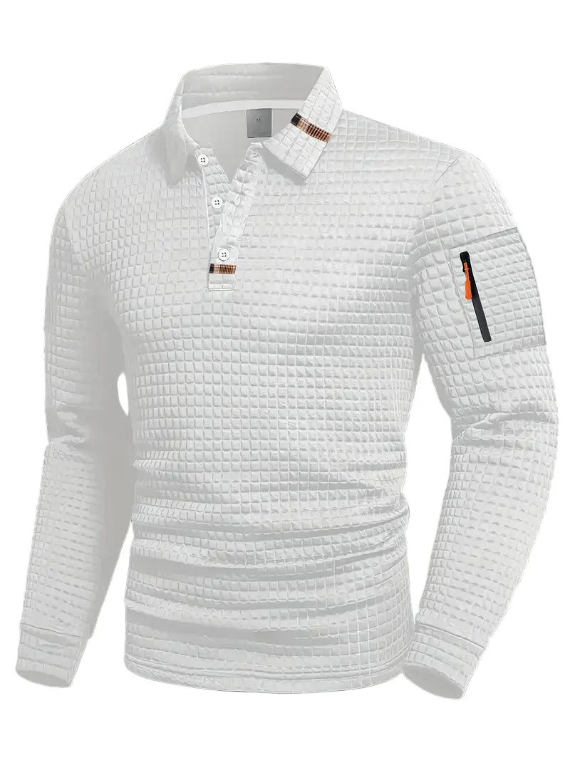 Men’s Textured Long Sleeve Polo Shirt with Zip Pocket