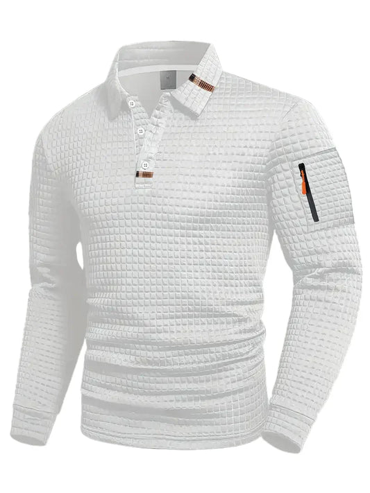 Men’s Textured Long Sleeve Polo Shirt with Zip Pocket